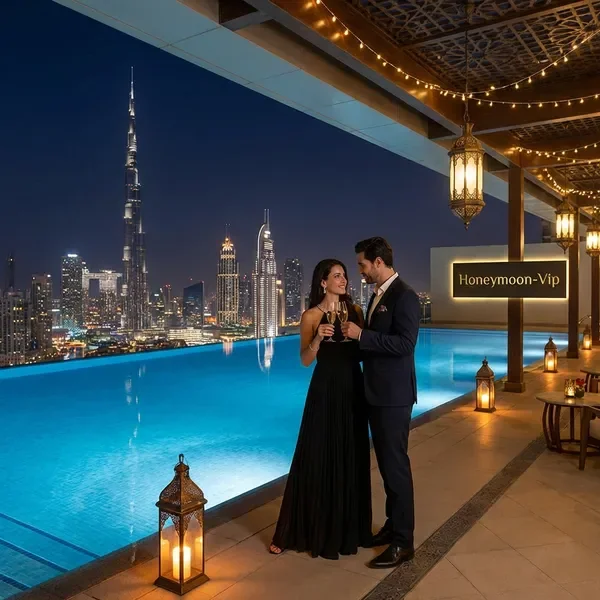 גג מלון יוקרה בדובאי עם נוף לבורג׳ חליפה